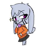  2023 ambiguous_gender anthro bottomwear canid canine chibi clothing collar facial_markings fur grey_body grey_fur hand_in_pocket hand_on_chin handwear head_markings hoodie looking_back mammal markings mittens paws pockets purple_eyes renv skirt smile smirk solo sparkles topwear 