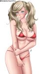  1girl baileymcpatty bikini blonde_hair blue_eyes blush breasts cleavage collarbone covered_navel large_breasts long_hair looking_at_viewer parted_lips persona persona_5 red_bikini signature skindentation solo string_bikini swimsuit takamaki_anne teeth twintails white_background 