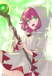  1girl :d dress final_fantasy final_fantasy_v green_eyes holding holding_staff hood hood_up hooded_dress kiyuu lenna_charlotte_tycoon long_sleeves looking_at_viewer open_mouth pink_hair short_hair smile solo staff white_dress white_mage wide_sleeves 