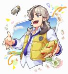  1boy arven_(pokemon) blue_sky brown_hair collared_shirt flower food green_eyes hair_over_one_eye holding holding_food kisakitouge_mari long_hair long_sideburns male_focus multicolored_hair necktie open_clothes open_mouth open_vest pokemon pokemon_(game) pokemon_sv purple_necktie school_uniform shirt sideburns sky smile solo teeth uva_academy_(emblem) uva_academy_school_uniform vest yellow_vest 