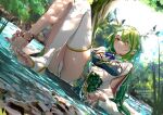  1girl anklet antlers braid braided_bangs breasts ceres_fauna day flower green_hair green_nails hair_flower hair_ornament hololive hololive_english jewelry long_hair looking_at_viewer medium_breasts mole mole_under_eye multicolored_hair nail_polish outdoors panties single_thighhigh sitting solo streaked_hair sydus thighhighs toenail_polish toenails underwear virtual_youtuber water wet white_panties white_thighhighs yellow_eyes 