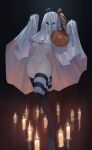  1girl absurdres ahoge artist_name asymmetrical_legwear black_thighhighs blonde_hair breasts candle candlelight censored commentary eonsang food full_body ghost_costume girls&#039;_frontline hair_ribbon hands_up heart heart_censor highres holding holding_food holding_pumpkin holding_vegetable kalina_(girls&#039;_frontline) large_breasts leg_up navel pumpkin red_ribbon ribbon see-through_silhouette side_ponytail skindentation solo standing standing_on_one_leg striped striped_thighhighs symbol-only_commentary thighhighs underboob vegetable white_thighhighs 