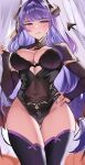  1girl :q alternate_costume ass_visible_through_thighs black_leotard blush breasts commentary covered_navel cowboy_shot demon_girl demon_horns demon_tail demon_wings elbow_gloves english_commentary fingerless_gloves genshin_impact gloves hand_on_own_hip hand_up highres horns large_breasts leotard long_hair looking_at_viewer mole mole_under_eye nail_polish purple_eyes purple_gloves purple_hair purple_nails purple_thighhighs raiden_shogun shiben_(ugvu5784) solo tail thighhighs thighs tongue tongue_out wings 