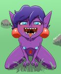  blightstarero blush bodily_fluids breasts ear_piercing eyelashes fan_character female gem_eyes generation_3_pokemon grass hair hi_res humanoid kneeling looking_at_viewer navel_gem nintendo nipple_gem nude open_mouth piercing plant pokemon pokemon_(species) purple_body purple_hair sableye saliva sharp_teeth short_hair solo teeth thick_thighs tongue tongue_out wide_hips 