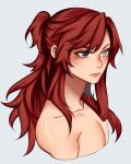  1girl aiphelix collarbone green_eyes grey_eyes heterochromia highres long_hair looking_at_viewer mole mole_under_eye mole_under_mouth original red_hair scar_on_shoulders short_ponytail simple_background upper_body 