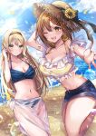  2girls ;d adjusting_clothes atelier_(series) atelier_ryza atelier_ryza_1 beach bikini bikini_under_clothes blonde_hair blue_bikini brown_eyes brown_hair closed_mouth hat highres klaudia_valentz long_hair looking_at_viewer multiple_girls navel ocean official_art one_eye_closed outdoors outstretched_arm reaching reaching_towards_viewer reisalin_stout sarong see-through short_hair short_shorts shorts smile sorashima_(117) strapless straw_hat swimsuit teeth tube_top upper_teeth_only yellow_bikini 