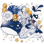  1girl bare_legs dress elina_(e2n04n) flower frilled_dress frills hair_ornament hairband long_hair looking_at_viewer original ribbon solo sunflower whale 