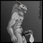  2023 abs anthro balls biped black_penis blizzard_entertainment canid condom digital_drawing_(artwork) digital_media_(artwork) erection eye_scar facial_scar filled_condom foreskin fur genitals glans hi_res humanoid_genitalia humanoid_penis male mammal muscular muscular_anthro muscular_male nipples penis scar sexual_barrier_device solo standing teeth warcraft wearing_condom were werecanid worgen 