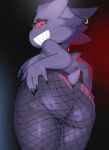  anthro butt clothing ear_piercing ear_ring female fishnet fishnet_legwear generation_1_pokemon gengar genitals grin hi_res legwear looking_back mdthetest nintendo piercing pokemon pokemon_(species) pussy rear_view ring_piercing simple_background smile solo 