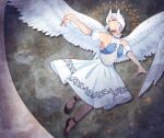  1girl black_footwear blueberryblanket dress flying highres humanization lace_trim pokemon solo_focus swanna white_dress white_hair white_wings wings 