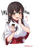  1girl akagi_(kancolle) blush breasts brown_eyes brown_hair drawing ebifurya food food_on_face hakama hand_on_own_face highres holding holding_food japanese_clothes kantai_collection kimono large_breasts long_hair long_sleeves looking_at_viewer nontraditional_miko one-hour_drawing_challenge onigiri open_mouth rice simple_background solo sparkle sparkling_eyes straight_hair tongue upper_body white_background wide_sleeves 