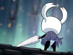  2_horns ambiguous_gender arthropod black_body black_skin blue_cloak blue_clothing blue_panties blue_underwear blurred_background bottomwear butt cloak clothing featureless_hands holding_melee_weapon holding_object holding_weapon hollow_knight horn humanoid humor insect long_horn mantis mantis_lord melee_weapon multicolored_clothing multicolored_panties multicolored_underwear nail_(weapon) panties pattern_bottomwear pattern_clothing pattern_panties pattern_underwear protagonist_(hollow_knight) rear_view rolld6toporn shell solo standing striped_bottomwear striped_clothing striped_panties striped_underwear stripes team_cherry two_tone_clothing two_tone_panties two_tone_underwear underwear upskirt vessel_(species) weapon white_clothing white_panties white_underwear 