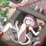  1girl :o absurdres blue_eyes boots breasts candle chimney christmas christmas_ornaments christmas_present christmas_tree cleavage_cutout clothing_cutout dirty dress elf elysia_(honkai_impact) fur_dress gift goseumgoseumdochi hair_ornament highres holding holding_sack honkai_(series) honkai_impact_3rd indoors long_hair merry_christmas open_mouth picture_frame pink_hair pointy_ears red_dress red_footwear sack santa_costume single_boot sleeveless sleeveless_dress socks soles solo upper_body white_socks wooden_floor 