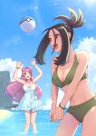  2girls :d :o alternate_costume arms_up bikini black_hair bracelet breasts cleavage cloud collarbone commentary_request cross_scar day dendra_(pokemon) dress earrings eyelashes green_bikini happy highres jewelry knees long_hair miriam_(pokemon) multiple_girls nm_ngi open_mouth outdoors own_hands_together pink_hair pokemon pokemon_(game) pokemon_sv scar scar_on_face scar_on_forehead sidelocks sky smile standing swimsuit teeth upper_teeth_only wading water white_dress 