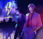  2boys buddy_daddies closed_eyes crowd formal hair_up hand_in_pocket hands_in_pockets highres holding holding_knife knife kurusu_kazuki long_sleeves male_focus multiple_boys necktie night ookamirr outdoors pants red_necktie red_shirt shirt short_hair suit suwa_rei white_necktie white_pants white_suit 