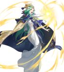  1girl aqua_hair cape crown dress fire_emblem fire_emblem:_three_houses fire_emblem_heroes flower full_body gold_trim green_eyes hair_ornament hand_up highres jewelry long_dress long_hair long_skirt long_sleeves looking_at_viewer looking_away magic non-web_source official_art open_mouth parted_bangs rhea_(fire_emblem) skirt solo teeth transparent_background upper_teeth_only white_dress zonotaida 