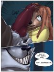  aiva_(ivywoof) animal_genitalia animal_humanoid animal_penis anthro bodily_fluids canid canid_humanoid canine canine_genitalia canine_humanoid canine_penis canis clothing comic death_(puss_in_boots) devious devious_grin dialogue domestic_dog duo female genital_fluids genitals green_eyes grin hi_res humanoid imminent_rape imminent_sex ivywoof male male/female mammal mammal_humanoid penis penis_on_face precum questionable_consent shirt smile speech_bubble text topwear wolf 