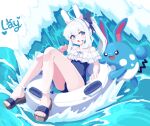  1girl azumarill black_bow blue_archive blue_eyes blue_one-piece_swimsuit bow cellphone commission crossover halo headset highres holding holding_phone innertube long_hair miyako_(blue_archive) one-piece_swimsuit open_mouth phone pokemon pokemon_(creature) ponytail smartphone swimsuit ttrtag waves white_hair 