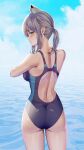  1girl absurdres animal_ear_fluff animal_ears ass back back_focus black_one-piece_swimsuit blue_archive blue_eyes blue_sky breasts cloud competition_swimsuit covered_navel cross_hair_ornament damcheong day extra_ears from_above from_behind grey_hair hair_ornament halo highres horizon looking_at_viewer looking_back low_ponytail medium_breasts medium_hair mismatched_pupils multicolored_clothes multicolored_swimsuit ocean one-piece_swimsuit outdoors shiroko_(blue_archive) shiroko_(swimsuit)_(blue_archive) sky solo swimsuit water wolf_ears 