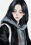  1girl black_hair black_jacket closed_mouth expressionless grey_background grey_eyes grey_hoodie highres hood hoodie jacket lee_q_p long_hair looking_ahead mole mole_under_mouth no_pupils original simple_background solo upper_body 