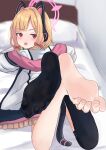  1girl absurdres barefoot blonde_hair blue_archive blush crossed_legs feet feet_up foot_focus foreshortening from_behind greek_toe halo highres looking_at_viewer lts_kakuyo lying momoi_(blue_archive) no_shoes on_bed on_stomach open_mouth single_bare_leg single_thighhigh soles solo tail the_pose thighhighs toe_scrunch toenails toes 