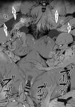  4boys censored cum cum_on_body cum_on_hair defeat double_handjob facial fingerless_gloves gangbang gloves goblin greyscale group_sex handjob hetero highres knife large_ears long_pointy_ears monochrome monster mounting multiple_boys multiple_penises original penis pointy_ears rape saku_(saku1151) sex translation_request vaginal 