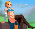  1girl abs absurdres alternate_costume ass blue_eyes breasts cape come_hither crate crossed_legs detached_sleeves gold hair_ornament highres jewelry mokuppoh neck_ring princess_zelda sedusa sitting the_legend_of_zelda the_legend_of_zelda:_tears_of_the_kingdom thick_thighs thighs underboob 