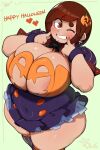  1girl areola_slip blush breasts brown_eyes brown_hair cleavage clenched_teeth commentary cowboy_shot earrings english_text green_background halloween halloween_costume heart highres huge_breasts jack-o&#039;-lantern jewelry lightsource looking_at_viewer medium_hair one_eye_closed open_mouth orange_nails original plump purple_wrist_cuffs short_sleeves signature simple_background solo symbol-only_commentary teeth thick_arms thick_eyebrows thick_thighs thighhighs thighs wrist_cuffs 