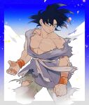  1boy black_hair closed_mouth cuuupo dougi dragon_ball dragon_ball_z falling_petals large_pectorals male_focus muscular muscular_male pants pectorals petals short_hair simple_background smile solo son_goku spiked_hair torn torn_clothes torn_pants twitter_username wristband 