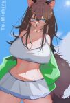  1girl :o absurdres animal_ears animal_nose blue_eyes body_fur breasts brown_hair cloud collarbone commission furry furry_female glasses green_jacket highres jacket jewelry large_breasts long_hair looking_at_viewer mei_kemo necklace off_shoulder original pink_fur raccoon_ears raccoon_girl raccoon_tail skeb_commission skirt sky solo sports_bra tail white_skirt white_sports_bra 