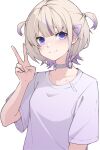  1girl absurdres blonde_hair blunt_bangs choker collarbone commentary_request hair_ornament hairclip highres hitozche hololive hololive_dev_is looking_at_viewer multicolored_hair purple_eyes purple_hair shirt short_hair short_sleeves sidelocks signature simple_background smile solo todoroki_hajime two-tone_hair upper_body v virtual_youtuber white_background white_choker white_shirt 
