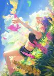  1girl absurdres cloud crop_top earrings flower grass green_eyes highres hololive jewelry lying midriff mr.lime on_back open_mouth outdoors outstretched_arm pointy_ears profile purple_hair shorts sky solo tokoyami_towa virtual_youtuber 