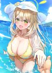  1boy 1girl absurdres artist_request bikini blonde_hair blue_archive breasts green_eyes halo hat highres holding_hands large_breasts long_hair nonomi_(blue_archive) nonomi_(swimsuit)_(blue_archive) open_mouth partially_submerged pov see-through shirt side-tie_bikini_bottom smile swimsuit water white_headwear yellow_bikini 