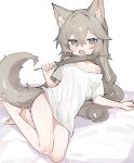  1girl absurdres animal_ear_fluff animal_ears bare_legs barefoot eating fenrir_(fenriluuu) fish food full_body grey_eyes grey_hair highres holding holding_skewer long_hair looking_at_viewer naked_shirt no_pants off_shoulder original oversized_clothes oversized_shirt second-party_source shirt short_sleeves simple_background skewer tail white_background white_shirt wolf_ears wolf_girl wolf_tail 