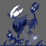  1other blank_eyes blue_eyes body_horror broken_vessel_(hollow_knight) commentary crack dripping greenpath_vessel_(hollow_knight) grey_background grey_cloak hollow_knight hollow_knight_(character) knight_(hollow_knight) sakana_2-gou simple_background standing white_eyes 