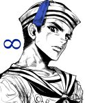  1boy absurdres blue_eyes dixie_cup_hat greyscale hat higashikata_josuke_(jojolion) highres jojo_no_kimyou_na_bouken jojolion looking_at_viewer male_focus military_hat monochrome my_nameisyoon parted_lips sailor sailor_collar sailor_hat short_hair simple_background solo spot_color v-shaped_eyebrows 