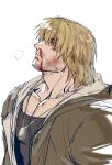  1boy alternate_facial_hair bara blonde_hair blood blue_eyes breath bruise coat facial_hair from_side highres injury ken_masters male_focus muscular muscular_male neckbeard nosebleed pectoral_cleavage pectorals short_hair sketch solo street_fighter stubble thick_eyebrows upper_body yuiofire 