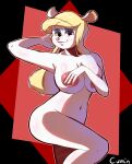  absurd_res animaniacs anthro areola big_breasts black_background black_eyes blonde_hair blue_eyeshadow breasts covering covering_breasts cumin eyelashes eyeshadow female fur hair hi_res looking_at_viewer makeup mammal minerva_mink mink mustelid musteline navel nude pink_areola red_background simple_background smile solo thick_thighs true_musteline warner_brothers white_body white_fur wide_hips 