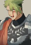  1boy achilles_(fate) armor black_shirt blood blood_on_face fate/apocrypha fate_(series) green_hair grey_background haruakira highres injury licking_blood licking_lips male_focus mature_male orange_eyes orange_sash ribbed_shirt shirt short_hair simple_background solo tongue tongue_out undercut upper_body 