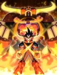  3boys clenched_hands colored_sclera crossed_arms fire geo_stelar_(mega_man) horns looking_at_viewer male_focus mega_man_(series) mega_man_star_force mega_man_star_force_3 multiple_boys napo red_eyes red_sclera taurus_(mega_man) taurus_fire_(mega_man) 