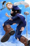  1boy 1girl absurdres android_17 android_18 annoyed belt black_hair blonde_hair blue_eyes blue_sky blurry boots breasts buttons cloud cloudy_sky cropped_jacket day dragon_ball dragon_ball_z dutch_angle fingernails full_body highres jacket long_sleeves looking_at_viewer looking_back medium_breasts miniskirt outdoors pants pantyhose parted_lips shiny_clothes shoes short_hair simple_background skirt sky sneakers sweatdrop torn_clothes torn_pants torn_pantyhose torn_sleeves yoshio_(55level) 