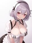  1girl anchor_choker azur_lane blush breasts cleavage closed_mouth collar collarbone frilled_collar frills hair_between_eyes highres large_breasts looking_at_viewer maid maid_headdress misogi_yasan puffy_short_sleeves puffy_sleeves red_eyes short_hair short_sleeves simple_background sirius_(azur_lane) smile solo white_background white_hair 