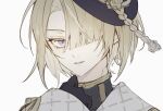  1boy androgynous asymmetrical_bangs black_headwear blonde_hair freckles freminet_(genshin_impact) genshin_impact hair_over_one_eye hat highres looking_at_viewer male_focus parted_lips portrait purple_eyes short_hair signature simple_background solo suzuchan_fm white_background 