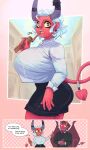  absurd_res big_breasts bottomwear breasts clothing demon demon_humanoid duo eating female hi_res huge_breasts humanoid male not_furry shorts spade_tail tail thedansome 