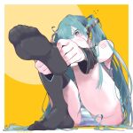  1girl adjusting_clothes adjusting_legwear aqua_eyes aqua_hair aqua_panties black_sleeves black_thighhighs blush border collared_shirt detached_sleeves eyelashes feet foot_focus foot_up foreshortening full_body grey_shirt hair_ornament hatsune_miku highres holding knees_up long_hair messy_hair no_shoes omkuros on_ground panties parted_bangs partially_visible_vulva shiny_skin shirt signature sitting sleeveless sleeveless_shirt soles solo striped striped_panties thighhighs thighs toes twintails underwear very_long_hair vocaloid white_border white_panties yellow_background 