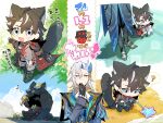  2boys ? animal_ears black_coat black_gloves black_hair blue_eyes blue_hair chibi coat ear_piercing fang flower genshin_impact gloves grey_hair hair_between_eyes hair_ornament highres holding long_hair long_sleeves male_focus miyakami multicolored_hair multiple_boys multiple_views musical_note neuvillette_(genshin_impact) piercing pointing pointy_ears purple_eyes scar sitting skin_fang starfish tail translation_request wriothesley_(genshin_impact) yellow_flower 