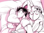  2boys alternate_hairstyle casual crazy_diamond diamond_wa_kudakenai hair_down higashikata_josuke hug hug_from_behind jojo_no_kimyou_na_bouken lying merumeru626 monochrome multiple_boys on_bed on_side shirt sleeping spooning stand_(jojo) t-shirt 