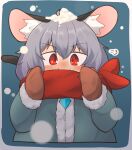  1girl absurdres animal_ear_fluff animal_ears blue_background blush border brown_mittens closed_mouth coat commentary_request crystal fur_coat green_coat greenpiecerice grey_hair hair_between_eyes highres jewelry long_bangs long_sleeves looking_at_viewer mittens mouse_ears mouse_girl mouse_tail nazrin pendant red_eyes red_scarf scarf short_hair smile snow_on_head snowing solo tail touhou upper_body v-shaped_eyebrows white_border 
