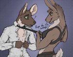  anthro bra clothed clothing clothing_pull duo female flirting_look hare hi_res lagomorph leporid malcombtheteadragon male mammal mouse murid murine necktie necktie_pull open_clothing open_shirt open_topwear rodent shirt sports_bra text topwear unbuttoning_shirt underwear 