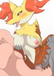  anthro areola big_breasts blush bodily_fluids breast_play breast_suck breasts canid canine delphox duo erection female fur generation_6_pokemon genital_fluids genitals hi_res human human_on_anthro inner_ear_fluff interspecies male male/female male_penetrating mammal nintendo nipples nude penetration penis pokemon pokemon_(species) pussy sex simple_background smile sucking tarian tongue tuft vaginal white_background yellow_body 
